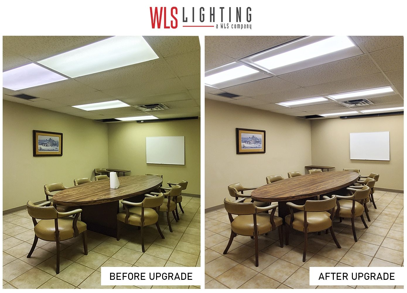 Corsicana & Navarro County Chamber of Commerce Conference Room Before and After LED Lighting Upgrade