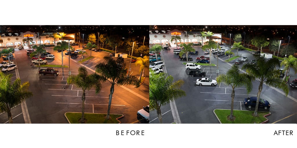 Before and after view of a shopping center LED lighting upgrade