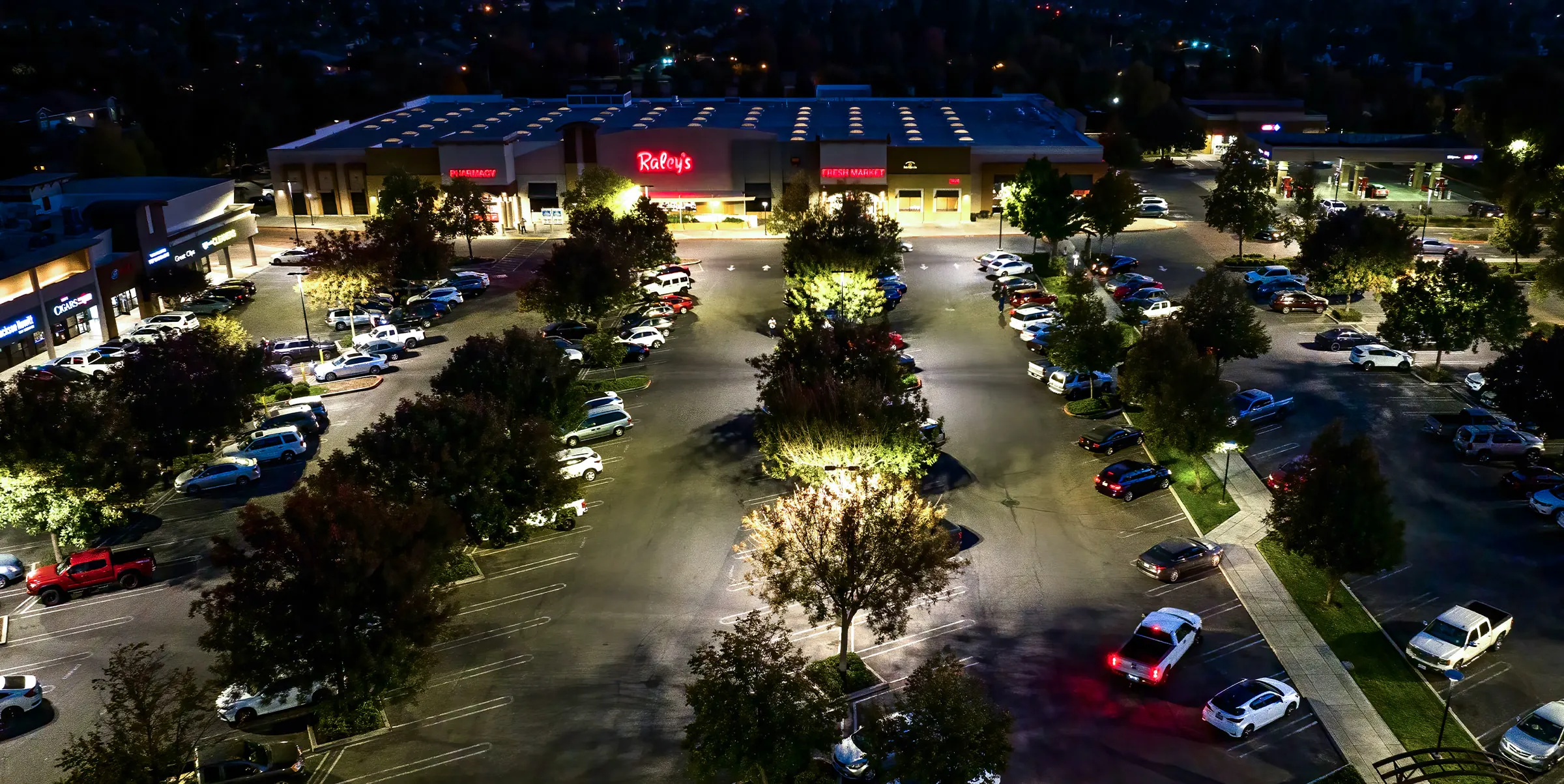 Village One Plaza parking lot after a commercial LED lighting upgrade