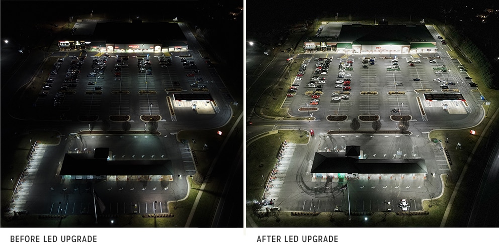 Before and After a Shopping Center LED Lighting upgrade