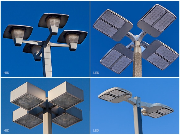 HID lighting fixtures versus LED lighting fixtures in a parking lot.